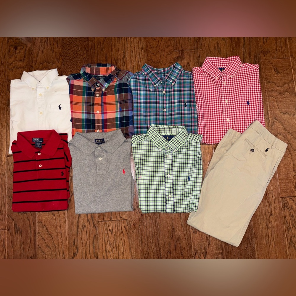 Lot of 8 Polo Ralph Lauren Polo Shirts Long Sleeve Button Down Shirts Pants Lg